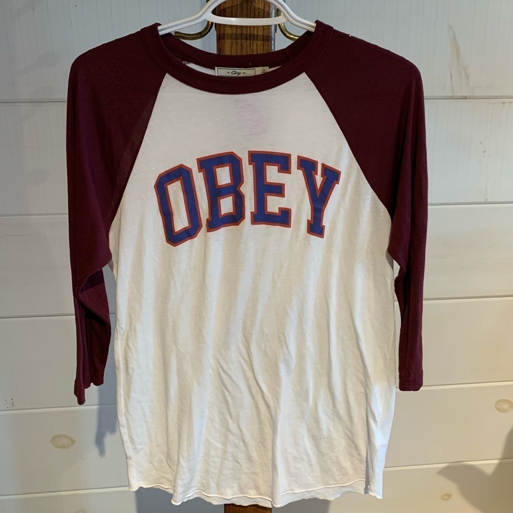 OBEY Women’s 3/4 sleeve burgundy,  red and blue shirt in size small